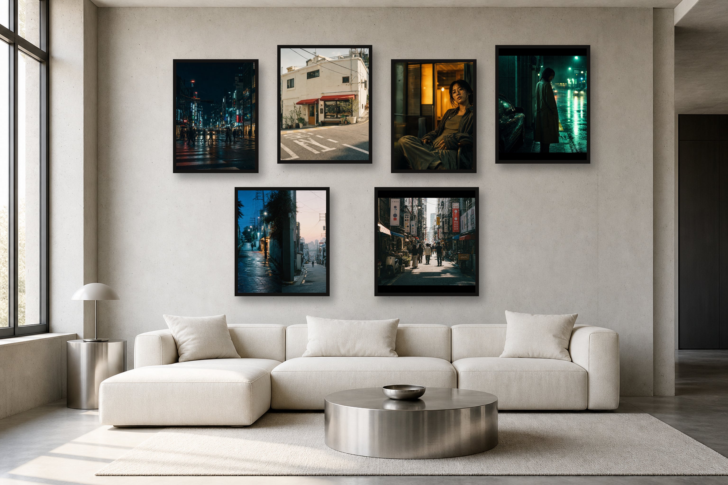 Seoul Cinema Loft gallery wall room mockup with framed Seji art prints