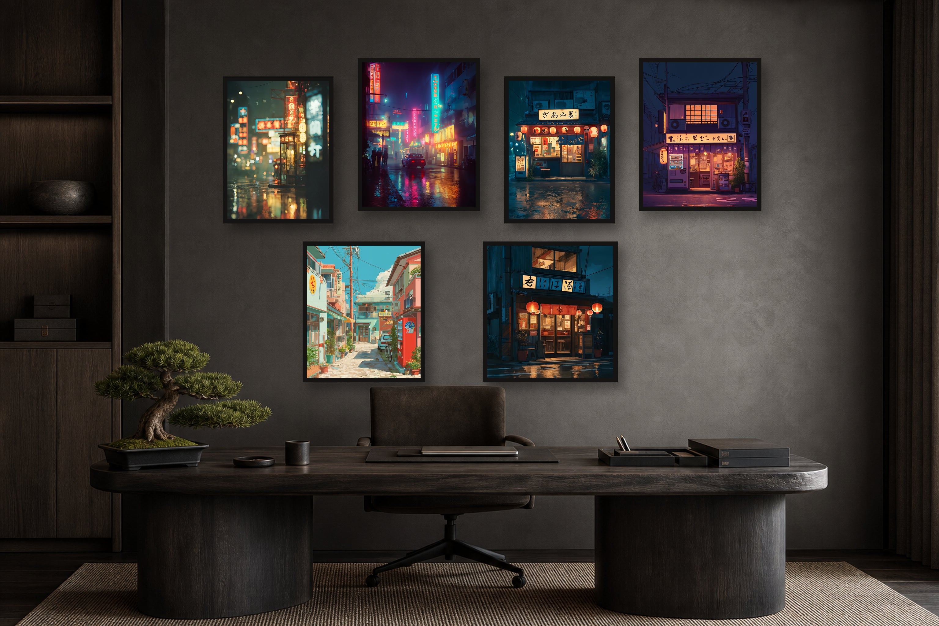 Tokyo After Dark gallery wall room mockup with framed Seji art prints
