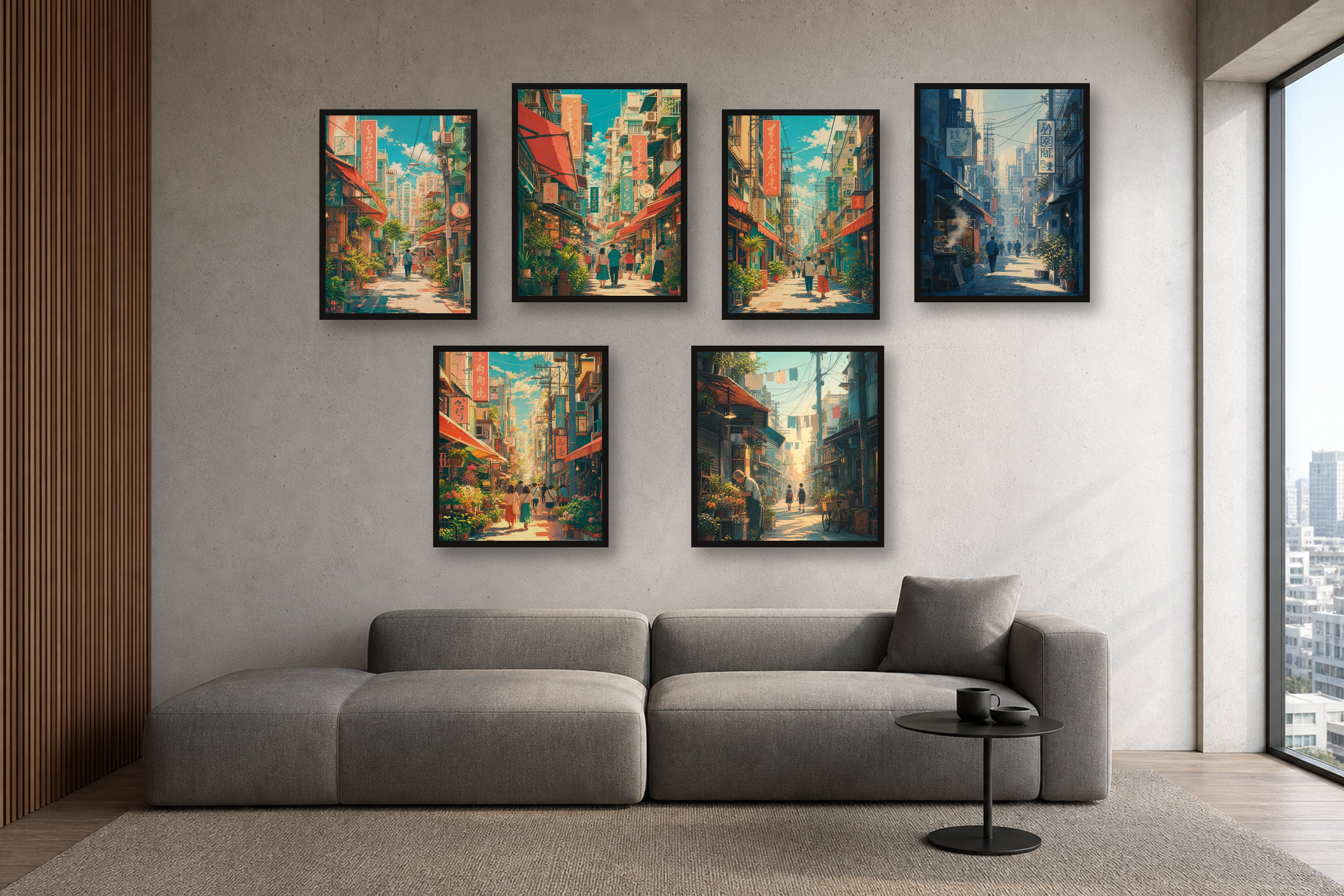 Tokyo Morning Streets gallery wall room mockup with framed Seji art prints