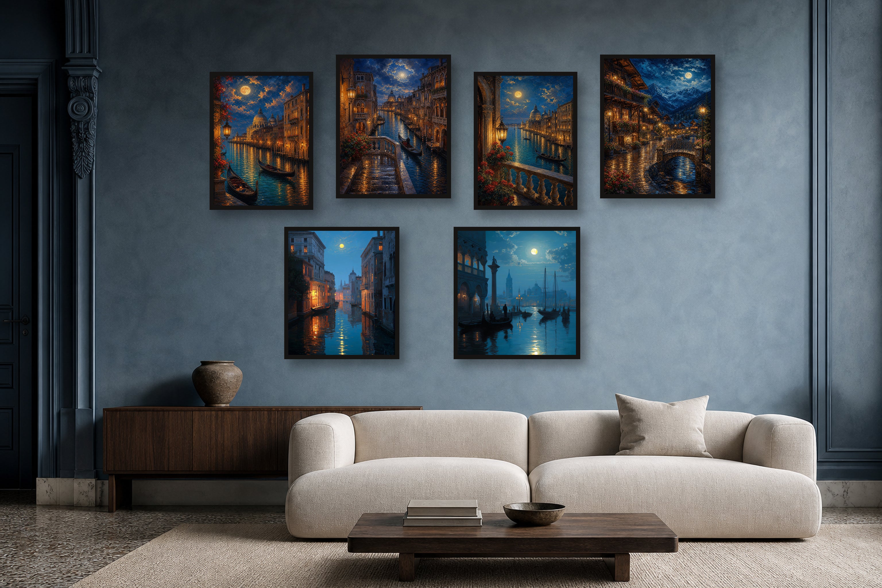 Venice Moonlit Canals gallery wall room mockup with framed Seji art prints