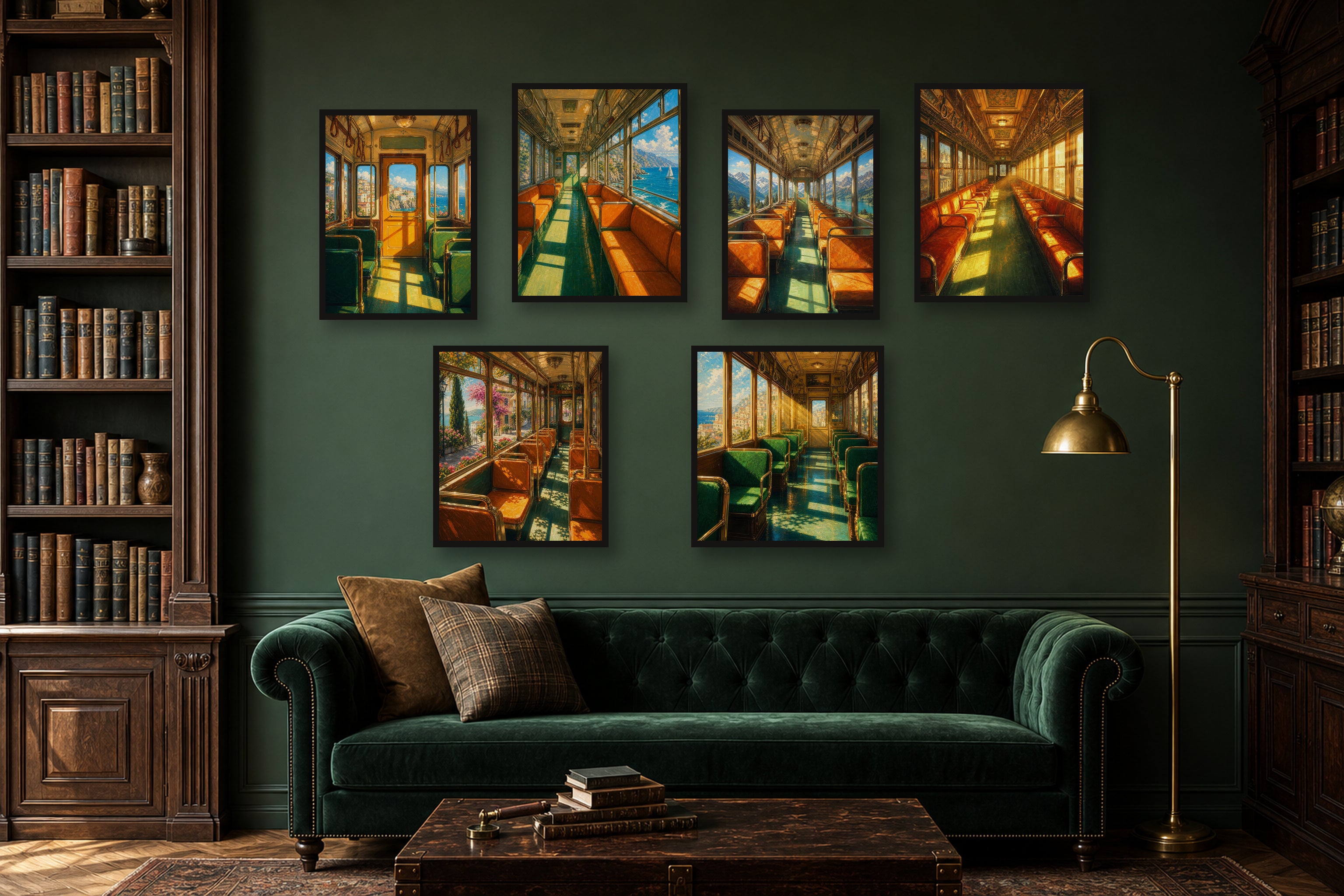 Vintage Railway Journey gallery wall room mockup with framed Seji art prints