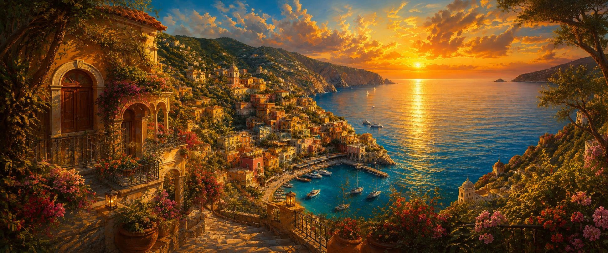 positano sunset coast art — panoramic banner adaptation